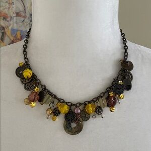VINTAGE ECLECTIC CHARM CHOKER NECKLACE Asian Coin & Art Glass Yellow Gold Brass